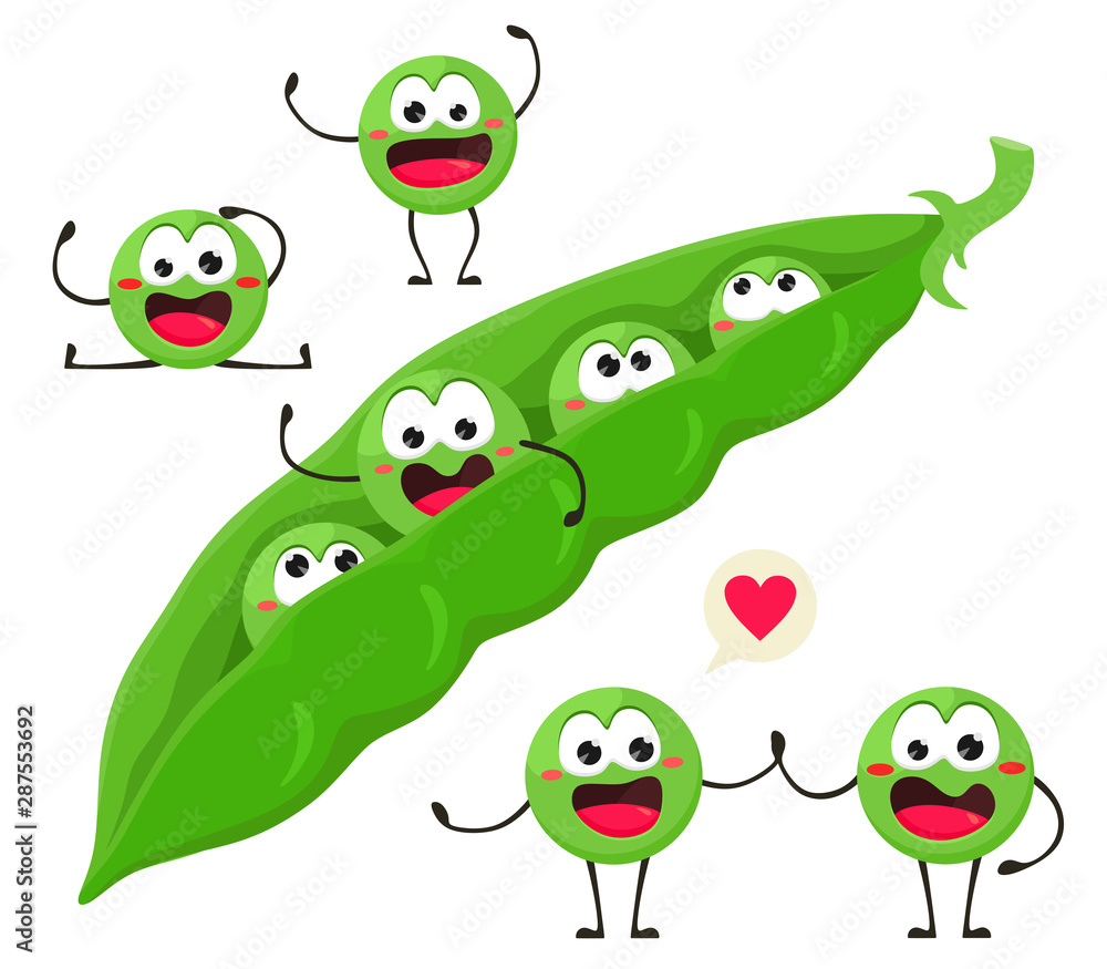 Fototapeta premium Green young peas in tarts with peas. Vector illustration in cartoon style. Isolates on a white background. Cheerful peas. Set.