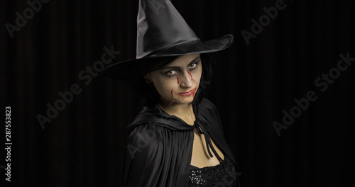 Vampire Halloween makeup. Woman portrait with blood on her face. © Andrii Iemelianenko
