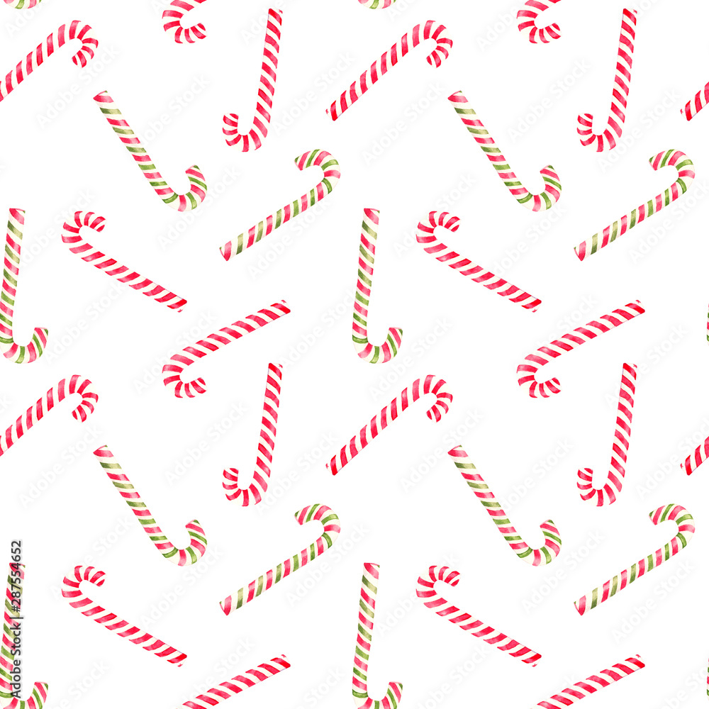 Watercolor hand drawn seamless pattern with candies in traditional red and green christmas colors isolated on white background.