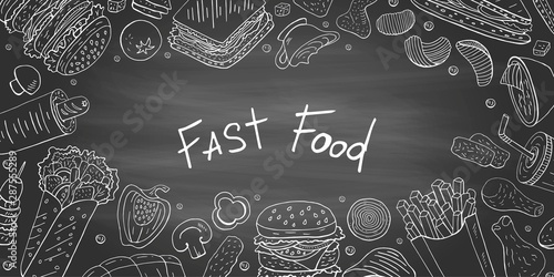Vintage horizontal banner with fast food different collection on black background. Hand drawn street food elements for cafe menu and restaurants on chalkboard.