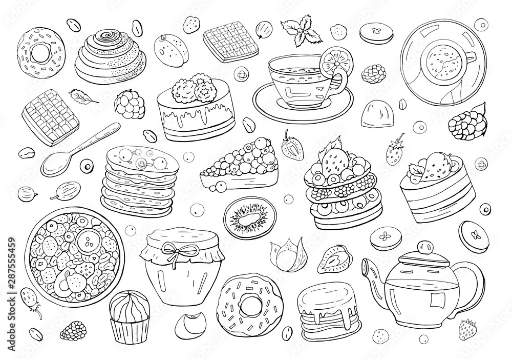 Black and white big set of different elements of breakfast isolated on white background. Different drinks, cakes and sweets. Tea, coffee, donut, granola, honey, pancakes, waffles and sweets.