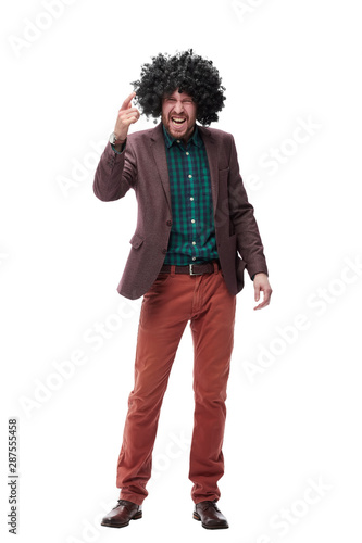 funny modern guy in a wig . photo with copy space