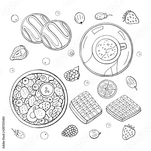 Big set of different black and white breakfast elements on white background. Hand drawn vector morning collection - tea, coffee, cakes, berries, muesli, croissants, macaroon.