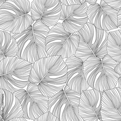 Monochrome monstera leaves seamless pattern. Tropical pattern,