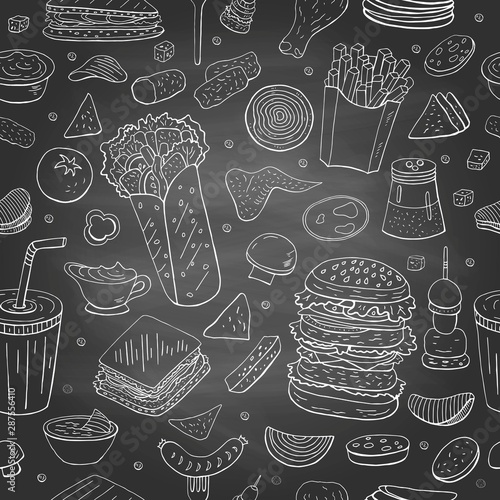 Seamless pattern with different fast food - burgers,sandwichesl french fries and vegetables on black shalkboard. Hand drawn vintage italian food collection for cafe and restaurants menu.