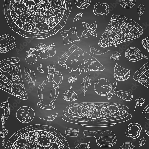 Seamless pattern with different italian food - pizza, olive oil and vegetables on black shalkboard. Hand drawn vintage italian food collection for cafe and restaurants menu.
