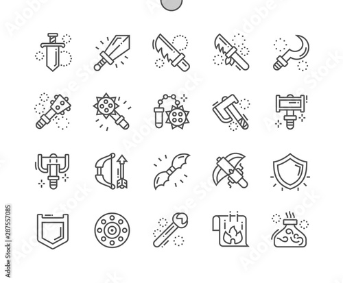 Fantasy weapons Well-crafted Pixel Perfect Vector Thin Line Icons 30 2x Grid for Web Graphics and Apps. Simple Minimal Pictogram