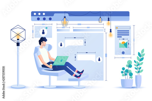 Handsome man designer working on his laptop at home. Modern office interior with designer, programmer working interface icons. Vector illustration.
