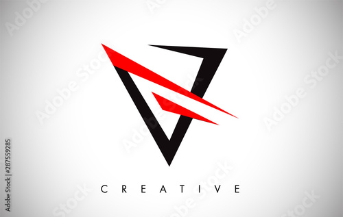 V Black and Red Logo Letter. Creative V Letter Logo Icon Design with Monogram Line