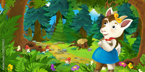 Fototapeta Naklejka Na Ścianę i Meble -  Cartoon fairy tale scene with goat girl farmer on the meadow in the forest - illustration for children