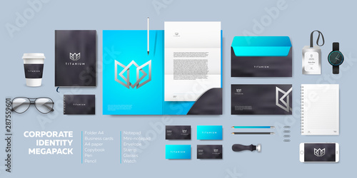 Corporate branding identity premium design. Stationery mockup vector megapack set. Template for business or finance company. Folder and A4 letter, blue colorful background. Silver logo company style.