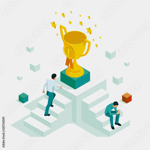Isometric businessman success, leadership, awards, career, successful projects, goal, winning plan, leadership qualities in a creative team, direction on a successful path concept