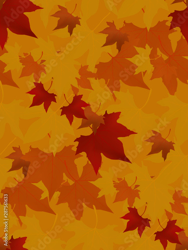 Colored autumn leaves seamless pattern with orange background. Forest texture.