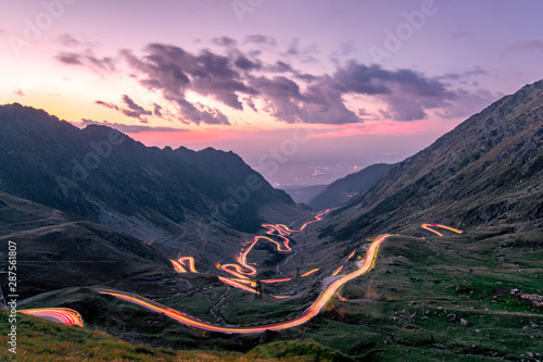 Long exposure with National Road 7C (DN7C), nicknamed Transfagarasan from the Fagaras mountains. The lights of the nostrils draw the path of the road. Photo taken on August 30th, 2019.