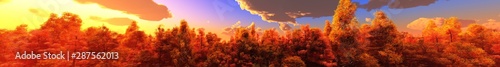 Panorama of the autumn landscape. Autumn park at sunset. Autumn trees under a blue sky with clouds. Banner. 