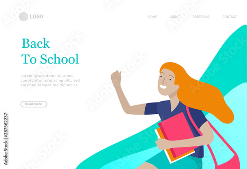 Landing page template with Happy school children joyfully jumping and laughing. Concept of happiness, gladness and fun. Vector illustration for banner