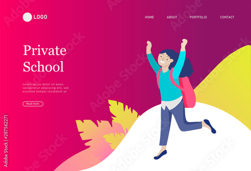 Landing page template with Happy school children joyfully jumping and laughing. Concept of happiness, gladness and fun. Vector illustration for banner