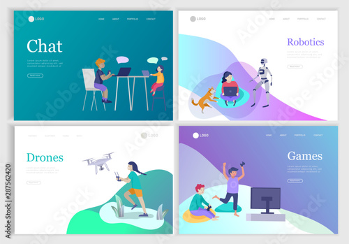 Set of landing page with Happy school children performing various activities or hobbies, playing games on computer or console, programming, launching drone, wearing VR headset
