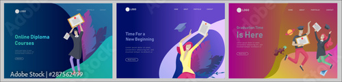 Set of web page design templates with relaxed learning people outdoor and graduate for online education, training and courses. Modern vector illustration concepts for website