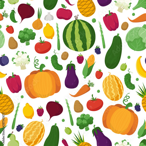 Seamless pattern with vegetables, fruits and berries