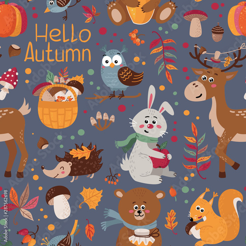 Seamless pattern with cute forest animals