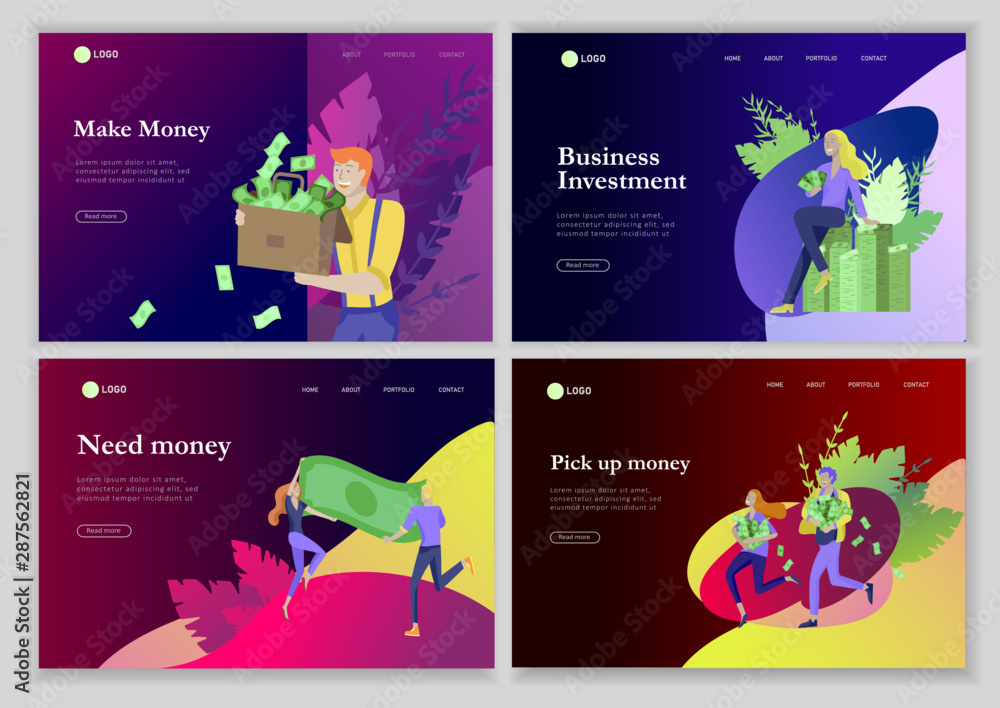 Fototapeta premium Landing page template Happy people with money, characters in move make money. Business investment, money rain, men and woman run with profit, catch bills. Cartoon style, flat vector illustration