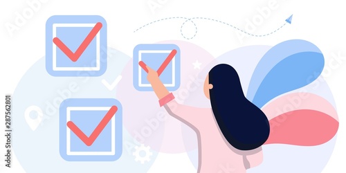 fill out form, for web banners, infographics, websites. Concept done job, checklist, long paper document to do list with checkboxes. life work balance, time management, tasks, manager, boss, success