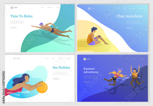 landing page set with People family and children in sea, pool or ocean performing activities. Men or women swimming in swimwear, diving, surfing, lying on floating air mattress, playing ball.