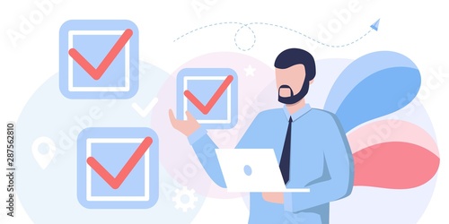fill out form, for web banners, infographics, websites. Concept done job, checklist, long paper document to do list with checkboxes. life work balance, time management, tasks, manager, boss, success
