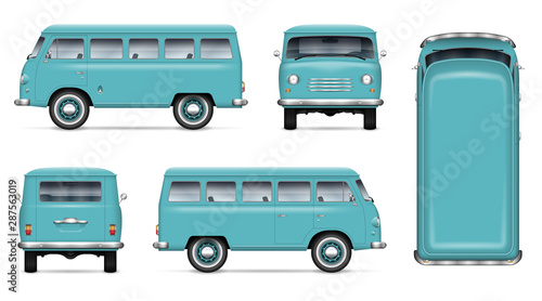 Retro minivan vector mockup on white background. Isolated passenger van view from side, front, back, top. All elements in the groups on separate layers for easy editing and recolor