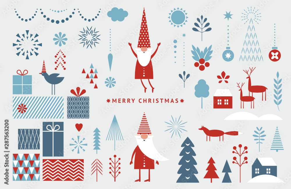 Zestaw elementów graficznych na kartki świąteczne. Gnom, jeleń, choinki, płatki śniegu, stylizowane pudełka na prezenty.