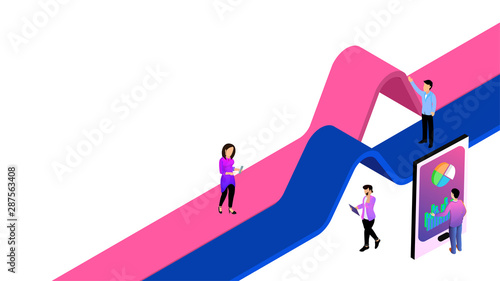 3D isometric illustration of smartphone and business analysts analysis the data for Data Analysis or company growth concept.