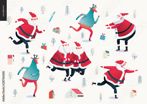 Skating Santa Clauses and Deers - Merry Christmas and New Year illustration - modern flat vector concept illustration of cheerful Santa Clauses, their deers wearing sweater skating on the rink