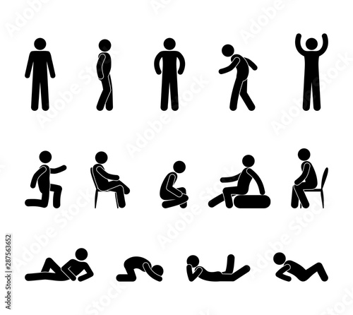 icons of people, stick figure man pictogram, people stand, sit, lie in various poses, isolated silhouettes of human bodies