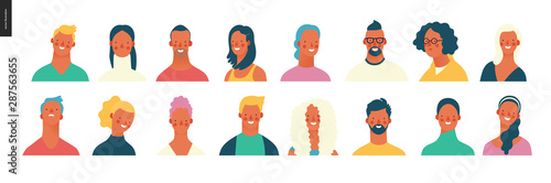 Bright people portraits set - hand drawn flat style vector design concept illustration of young men and women, male and female faces and shoulders avatars. Flat style vector icons set