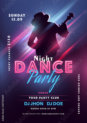 Dance Night Party template or flyer design with silhouette guy playing guitar on abstract lighting effect background with event details.