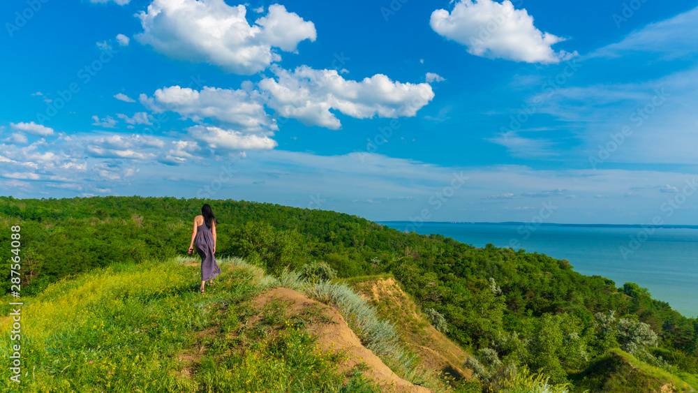Naklejka premium girl on a hill against the sea