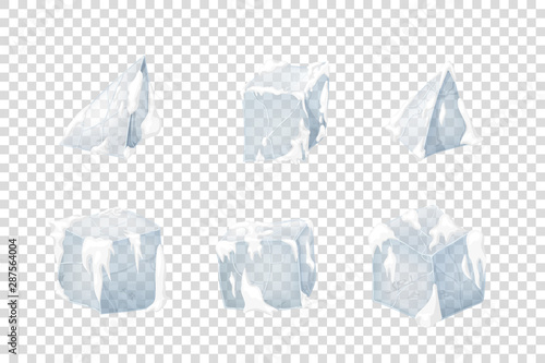 Set of transparency ice cubes with snow.