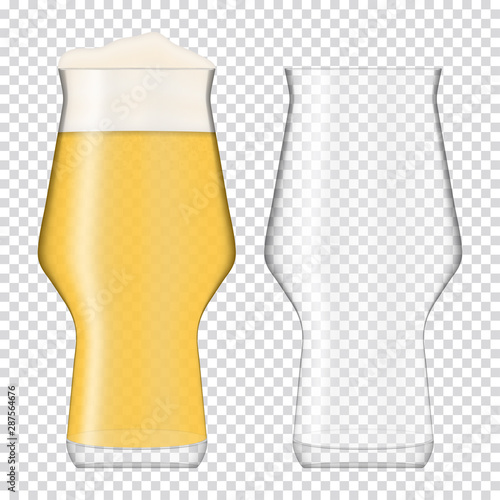 Two beer realistic glasses. One empty glass and glass full with pale beer. Fully transparent.