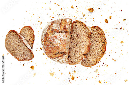 Sliced Multigrain bread isolated on a white background. Rye Bread  slices with crumbs. Top view. Close up photo