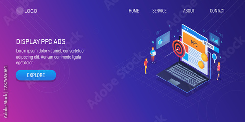 Display advertising, ppc ad campaign, website ad network, target audience, seo concept. 3d isometric banner template with character figures.