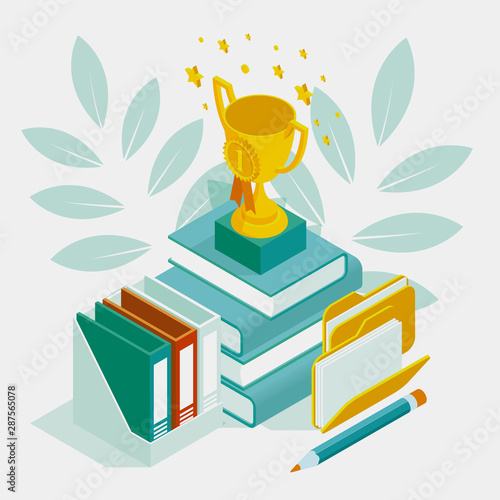 Isometric distance learning, online books and study guides, exam preparation, homeschooling, education, presentation. Stack of books and winner cup on top. Best score winner prize, successful