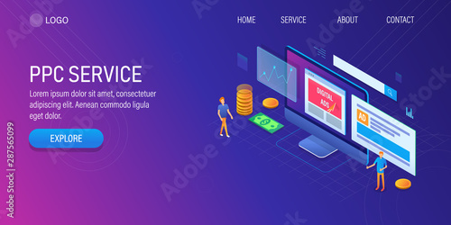 Digital advertising, ppc service, pay per click, internet advertising displaying on computer screen, 3d isometric banner template.