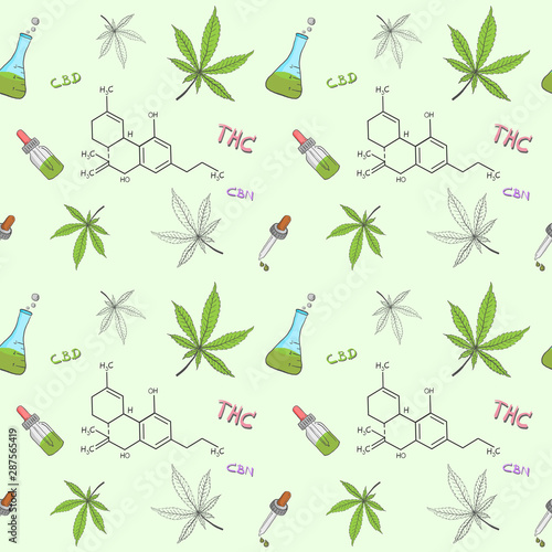Pattern seamless background of Cannabis or hemp oil and equipment. Alternative medicine to treat various diseases.