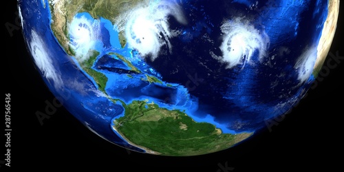 Fototapeta Naklejka Na Ścianę i Meble -  Extremely detailed and realistic high resolution 3d illustration of multiple Hurricanes approaching the USA. Shot from space. Elements of this image are furnished by NASA.