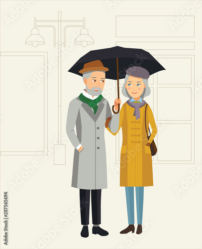 Vector flat illustration of elderly couple. People in love under an umbrella. Parents day. Man and woman walking on street holding hands. People look at each other. Concept on valentine's day.