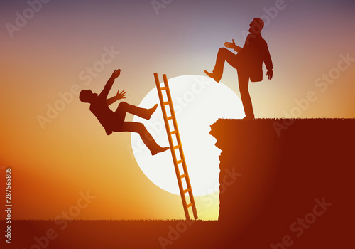 Concept de lutte féroce entre deux hommes en concurrence pour un poste en entreprise. Le vainqueur empêche son rival d’accéder au sommet en repoussant l’échelle et le précipitant dans le vide. photo