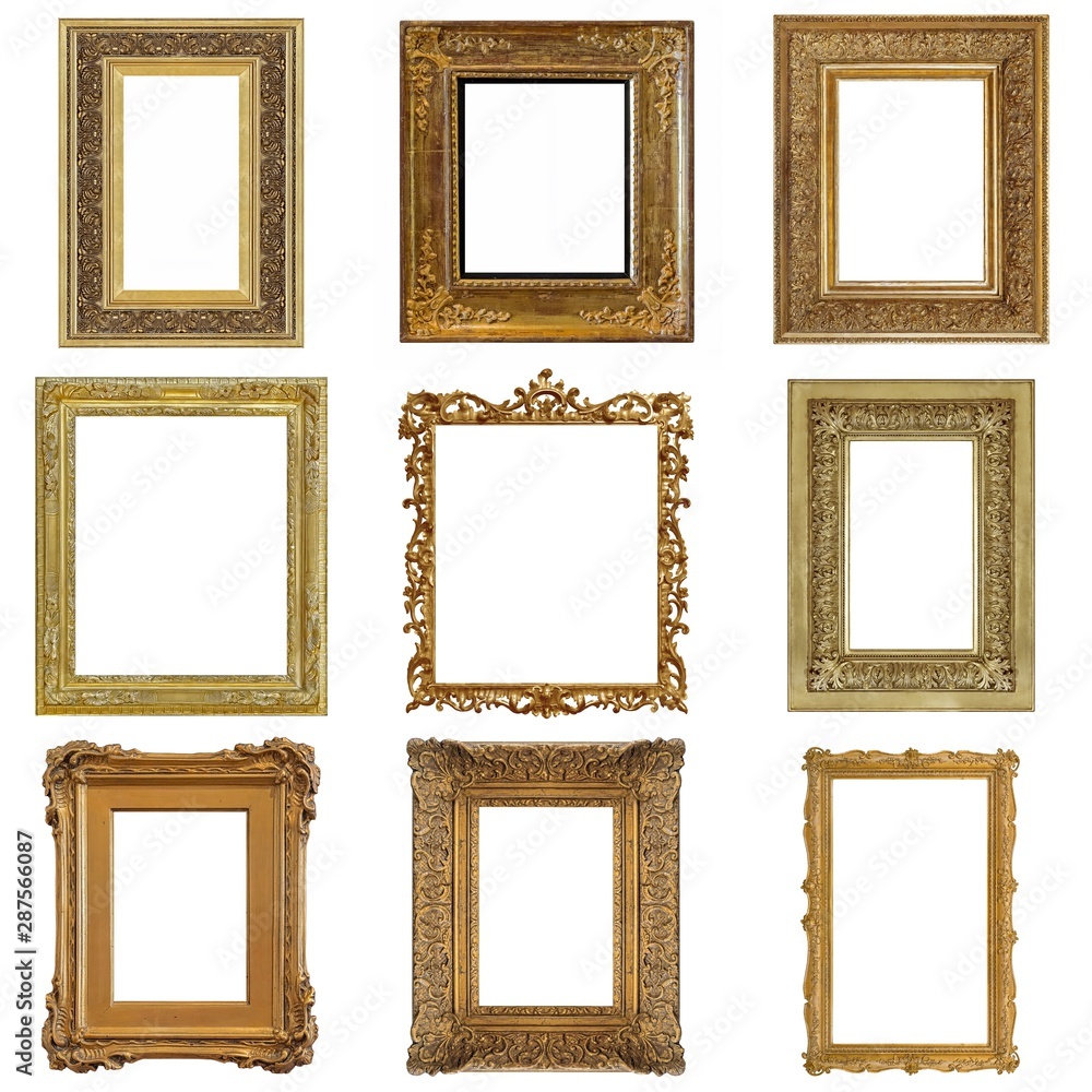Set of golden frames for paintings, mirrors or photo isolated on white background Set of golden frames for paintings, mirrors or photo isolated on white background