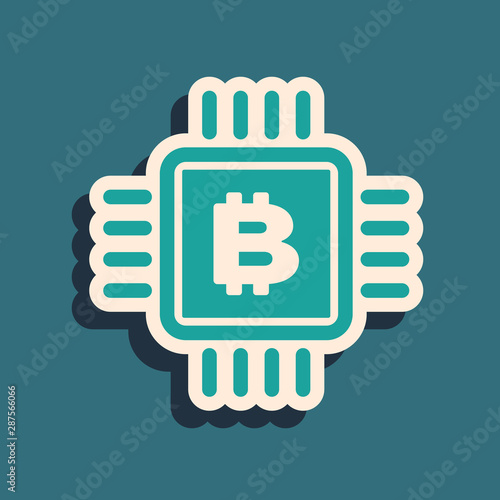 Green CPU mining farm icon isolated on blue background. Bitcoin sign inside microchip. Cryptocurrency mining community. Digital money. Long shadow style. Vector Illustration
