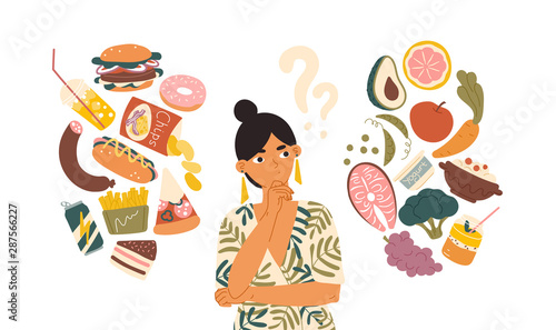 Woman choosing between healthy and unhealthy food concept flat vector illustration. Fastfood vs balanced menu comparison isolated clipart. Female cartoon character dieting and healthy eating.